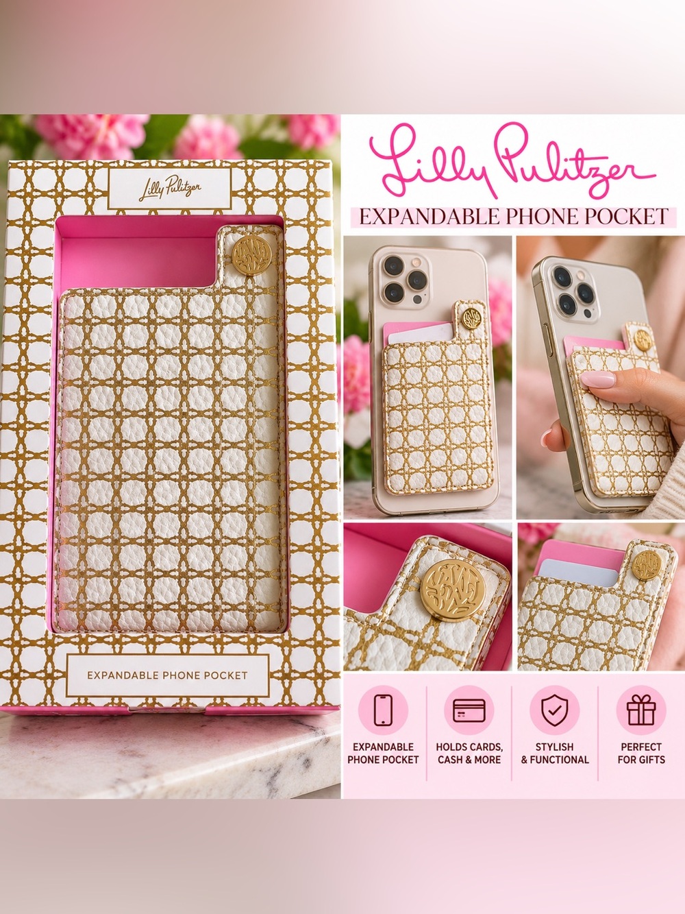 (#21) Lilly Pulitzer Expandable Phone Pocket White Gold Pink New